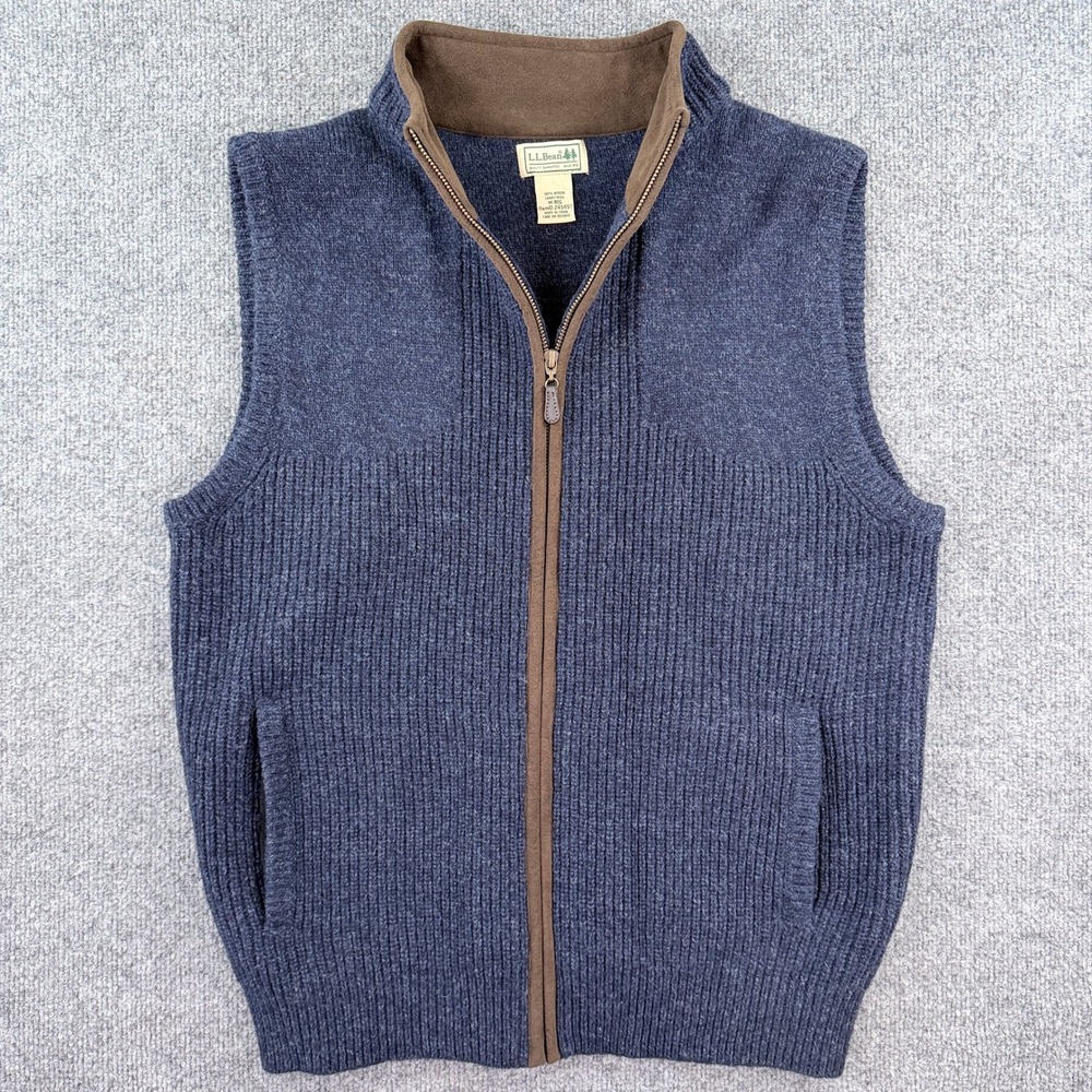 LL Bean Waterfowl Sweater Vest Mens M Blue Brown Full Zip 100% Merino Wool